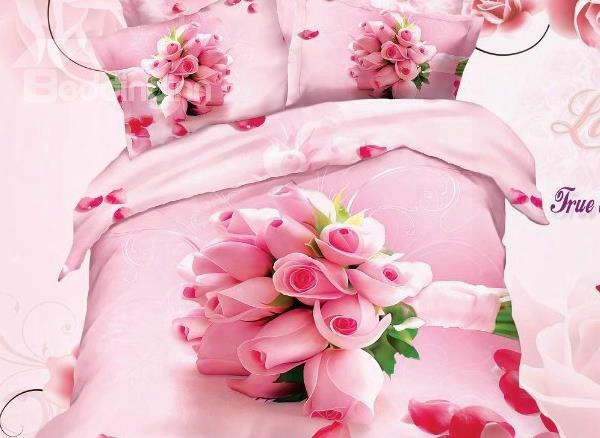 3d Bouquet Of Pink Roses Printed Cotton 4-piece Bedding Sets/duvet Cover