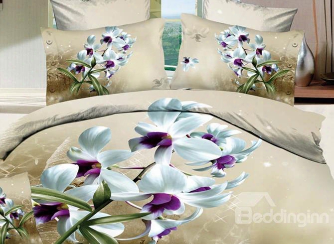 3d Bouquet Of White Lily Printed Cotton 4-piece Bedding Sets/duvet Covers