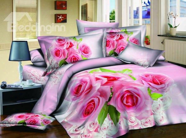 3d Bunch Of Pink Roses Printed Cotton 4-piece Bedding Sets/duvet Covers