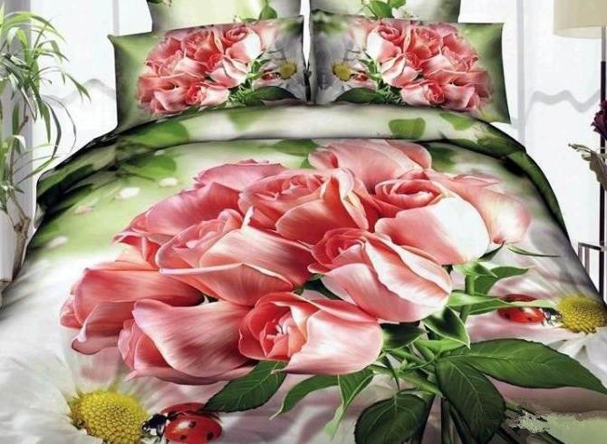 3d Bunch Of Pink Roses Printed Cotton 4-piece Green Bedding Sets