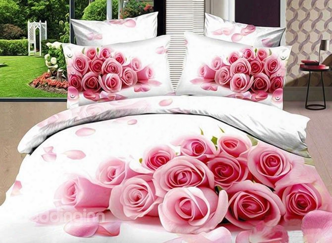 3d Bunch Of Pink Roses Printed Cotton 4-piece White Bedding Sets