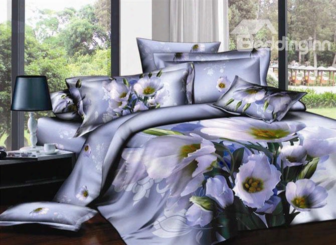 3d Bunch Of White Poppies Printed Cotton 4-piece Bedding Sets/duvet Covers