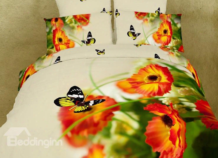 3d Butterfly And Pansy Printed Cotton 4-piece Bedding Sets/duvet Cover