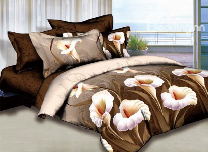 3d Calla Lily Printed Cotton 4-piece Camel Bedding Sets/duvet Cover