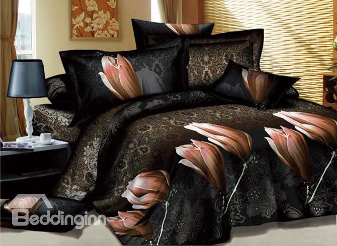 3d Champagne Saffron Printed Cotton 4-piece Bedding Sets/duvet Cover