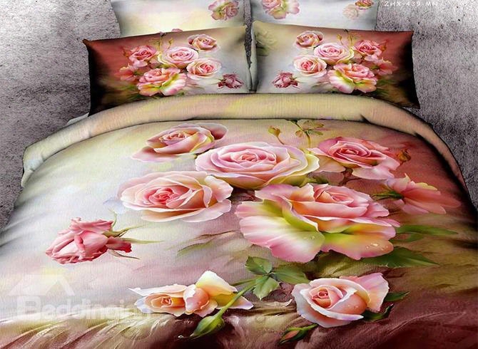3d Cluster Of Pink Roses Printed Cotton 4-piece Bedding Sets/duvet Covers