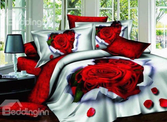 3d Cluster Of Red Roses Printed Cotton 4-piece White Bedding Sets/duvet Covers