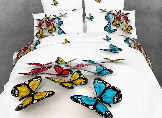 3d Colorful Butterflies Cotton 4-piece White Bedding Sets/duvet Covers