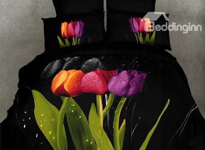 3d Colorful Tulips Printed Cotton 4-piece Black Bedding Sets/duvet Covers