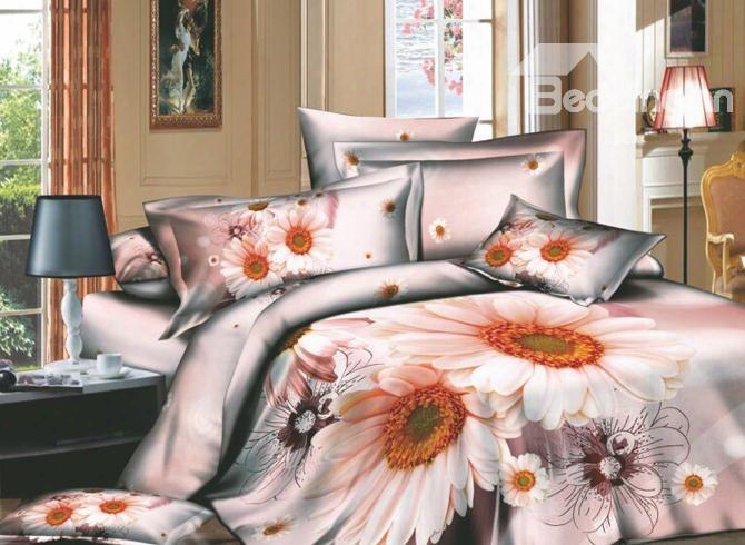 3d Daisies Printed Elegant Cotton 4-piece Bedding Sets/duvet Cover