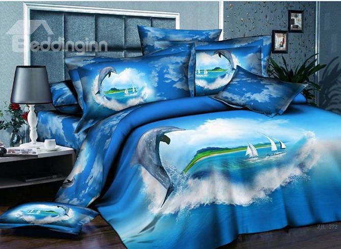 3d Dolphin And Hear-shaped Cloud Printed Cotton 4-piece Blue Bedding Sets/duvet Covers