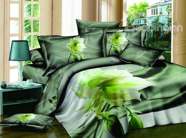 3d Green Lotus Printed Cotton 4-piece Bedding Sets/duvet Covers