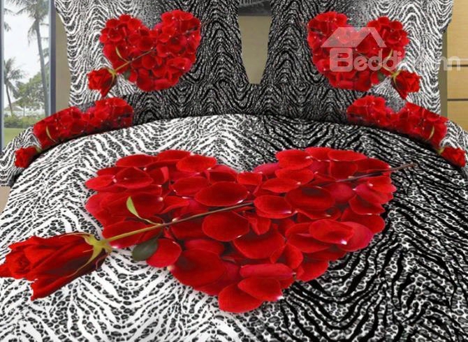 3d Heart-shaped Red Rose And Animal Print Cotton 4-piece Bedding Sets