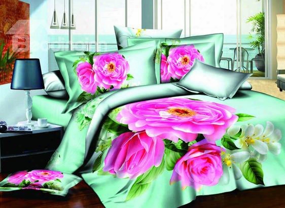 3d Hot Pink Peony Printed Cotton Queen Size 4-piece Bedding Sets/duvet Covers