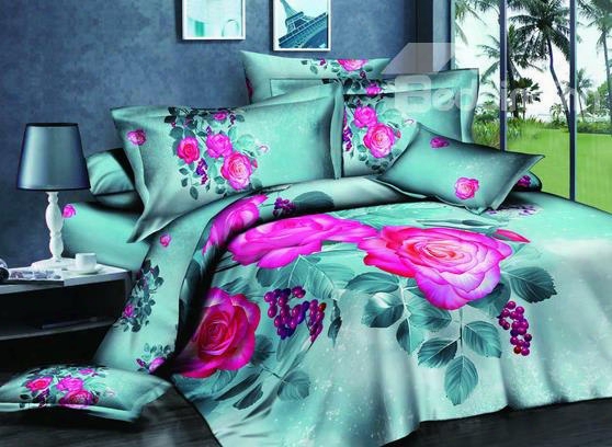 3d Hot Pink Rose Printed Cotton 4-piece Light Green Bedding Sets/duvet Covers