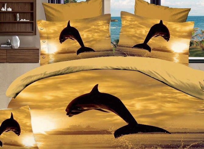 3d Jumping Dolphin At West Printed Cotton 4-piece Bedding Sets/duvet Ccovers