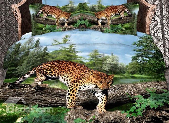 3d Leopard And Green Tree Printed Cotton 4-piece Bedding Sets/duvet Covers