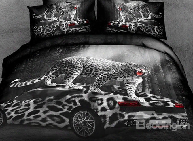 3d Leopard Car Printed Cotton 4-piece Bedding Sets/duvet Covers