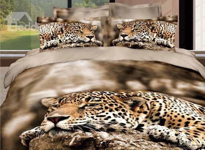3d Leopard Lying  On Stone Printed Cotton 4-piece Bedding Sets/duvet Covers