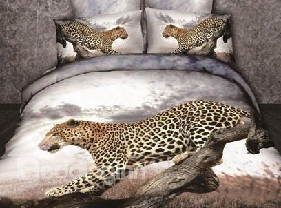 3d Leop Ard On The Tree Trunk Printed Cotton 4-piece Bedding Sets/duvet Covers