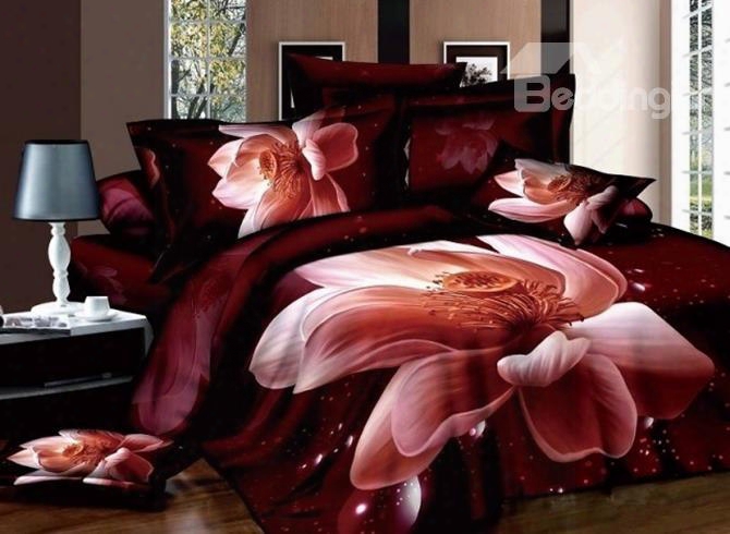 3d Lifelike Pink Lotus Printed Cotton 4-piece Bedding Sets Duvet Cover