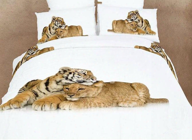 3d Lion And Tiger Printed Cotton 4-piece White Bedding Sets/duvet Covers