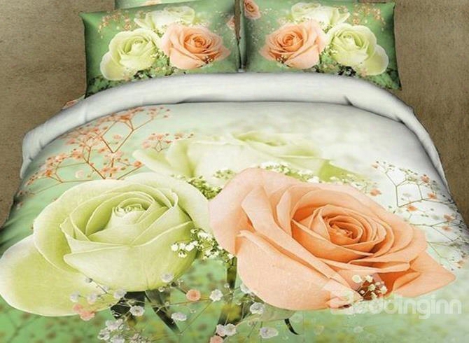 3d Mint Green And Pink Roses Printed Cotton 4-piece Bedding Sets/duvet Cover