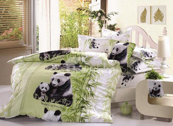 3d Mother And Ba By Pandas Printed Cotton 4-piece Bedding  Sets/duvet Covers