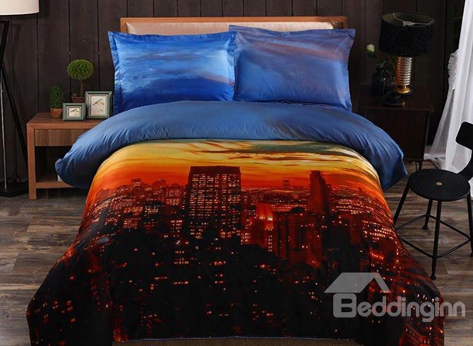 3d Nightfall City Printed Cotton 4-piece Bedding Sets/duvet Covers