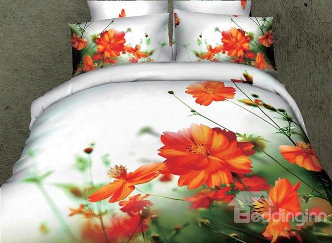 3d Orange Floral And Green Leaves Printed Cotton 4-piece White Bedding Sets