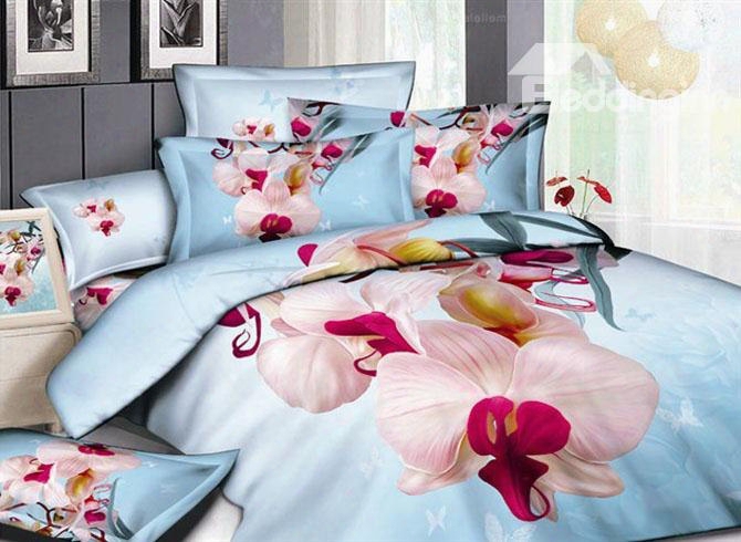 3d Phalaenopsis And Butterfly Printed Cotton 4-piece Light Blue Bedding Sets/duvet Covers