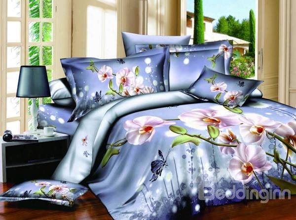 3d Phalaenopsis Printed Cotton 4-pieceb Lue Bedding Sets/duvet Cover