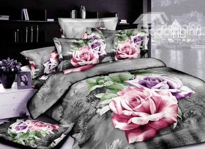 3d Pink And Purple Roses Printed Cotton 4-piece Bedding Sets/duvet Covers