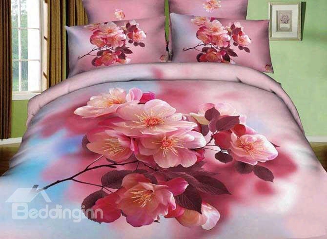 3d Pink Cherry Blossom Printed Cotton 4-piece Bedding Sets/duvet Covers