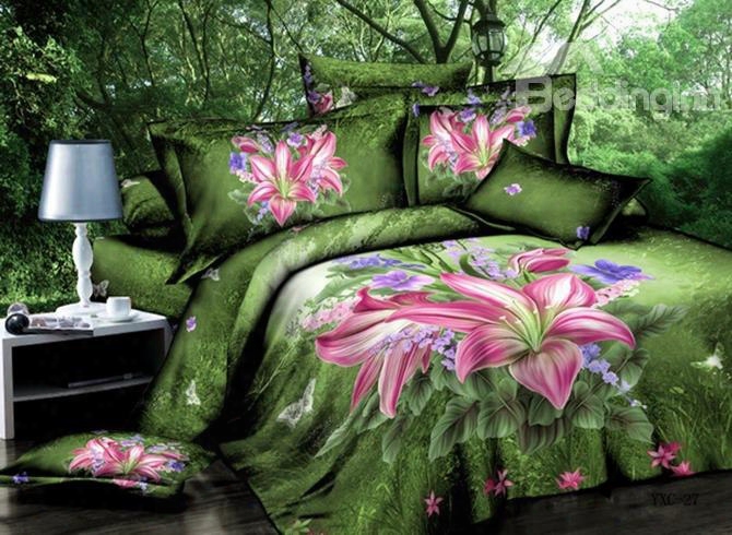 3d Pink Lily And Purple Flower Printed Cotton 4-piece Green Bedding Sets