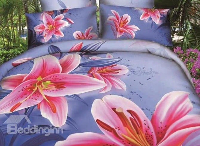 3d Pink Lily Printed Cotton 4-piece Blue Bedding Sets/duvet Covers