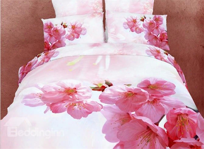 3d Pink Peach Blossom Printed Cotton 4-piece Bedding Sets/duvet Covers