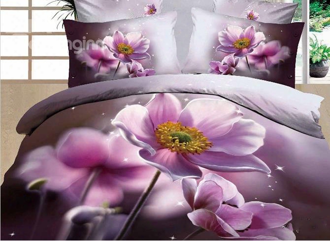 3d Pink Poppy Printed Cotton 4-piece Bedding Sets/duvet Covers