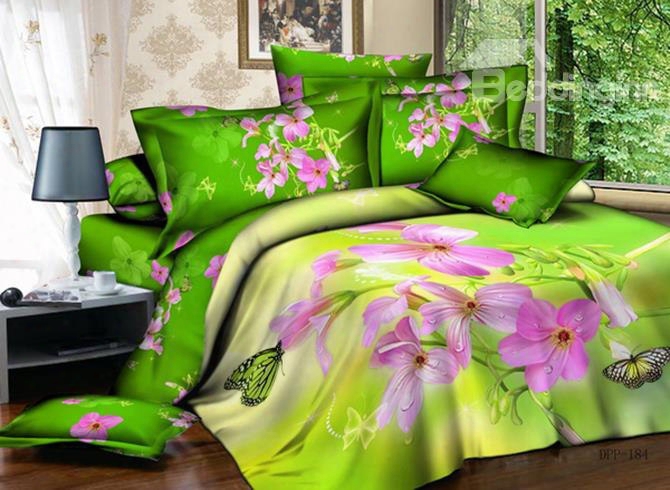 3d Pink Rhododendron And Butterfly Printed Cotton 4-piece Green Bedding Sets/duvet Covers