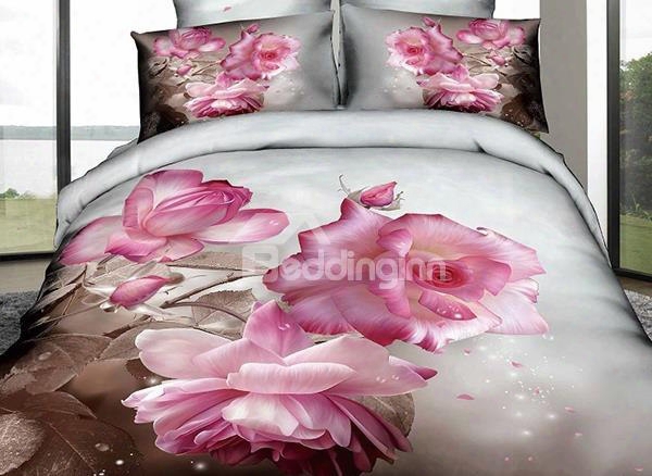 3d Pink Rosa Chinensis Printed Elegant Cotton 4-piece Bedding Sets/duvet Cover