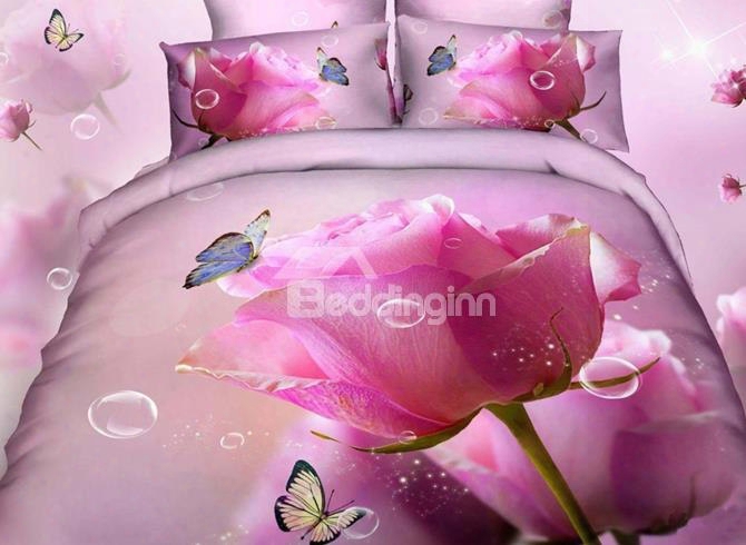 3d Pink Rose Butterfly And Bubbles Printed Cotton 4-piece Bedding Sets