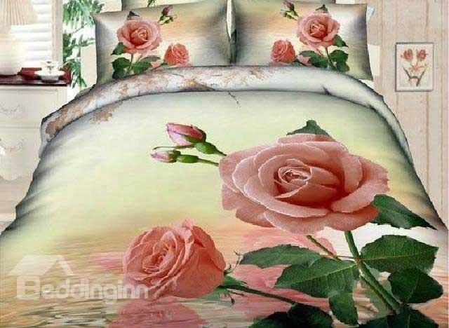 3d Pink Rose With Drops Printed Cotton 4-piece Bedding Sets/duvet Cover