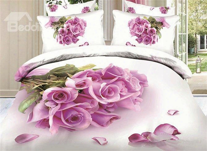 3d Pink Roses Printed Cotton 4-piece White Bedding Sets/duvet Covers