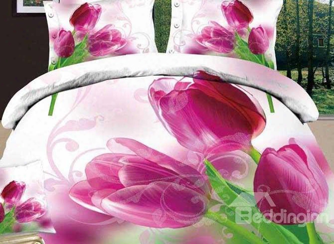 3d Pink Tulips And Green Leaves Printed Cotton 4-piece Bedding Sets/duvet Covers