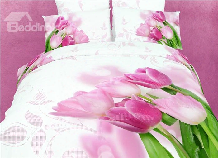 3d Pink Tulips Printed Cotton 4-piece White Bedding Sets/duvet Covers