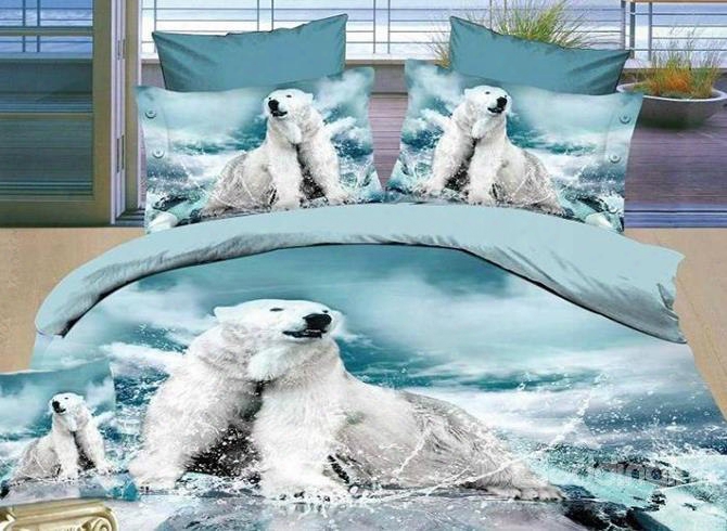 3d Polar Bear Printed Cotton 4-piece Blue Bedding Sets/duvet Covers