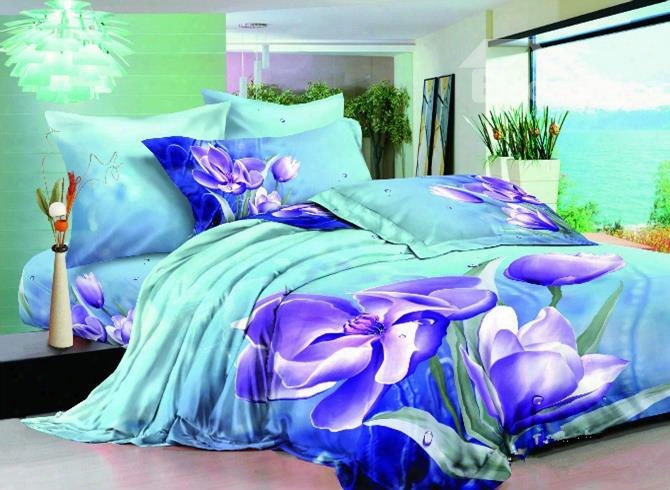 3d Purple Clematis Florida Cotton 4-piece Bedding Sets/duvet Covers