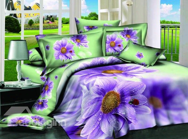 3d Purple Coneflower Printed Cotton 4-piece Bedding Sets/duvet Covers