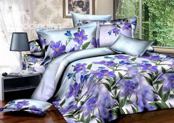 3d Purple Cranesbill And Bubbles Printed Cotton 4-piece Bedding Sets/duvet Covers