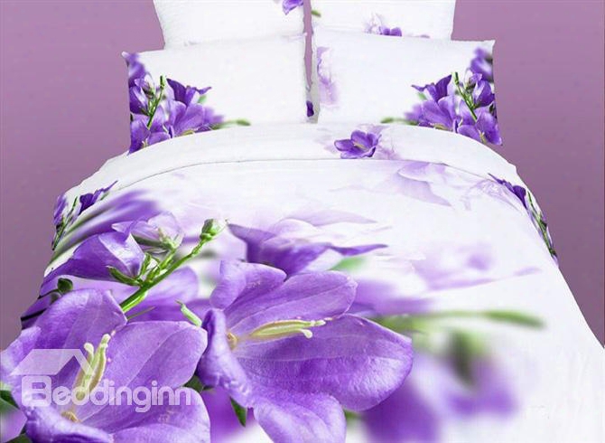 3d Purple Crocus Printed Cotton 4-piece White Bedding Sets/duvet Covers